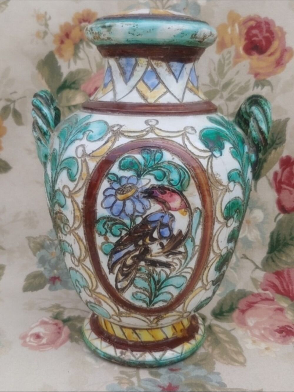Vintage Italian Mojalica Sgraffito Pottery Urn Lamp with Bird and Floral Motif